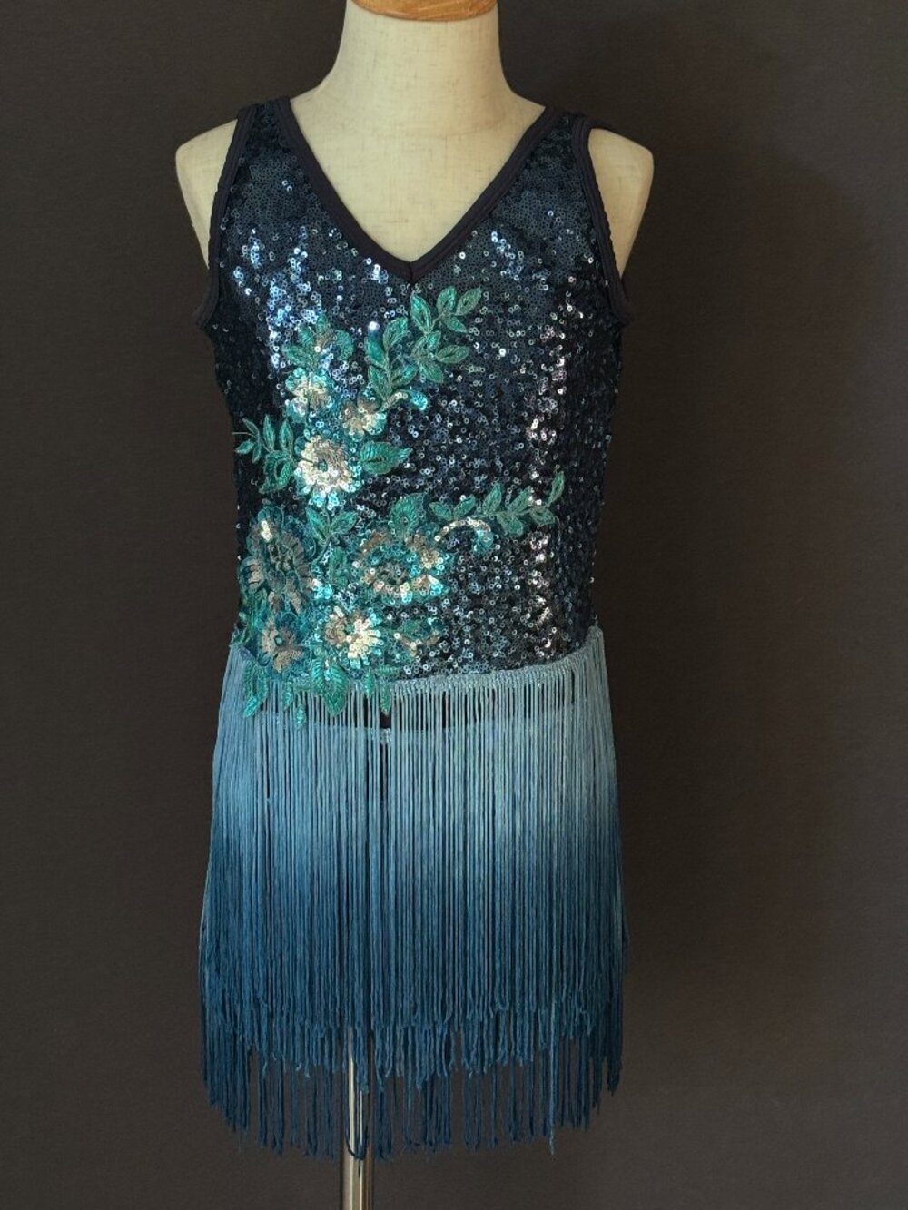 Curtain Call Navy Sequin Floral Biketard Ombre Fringe Jazz Dance Costume CLA